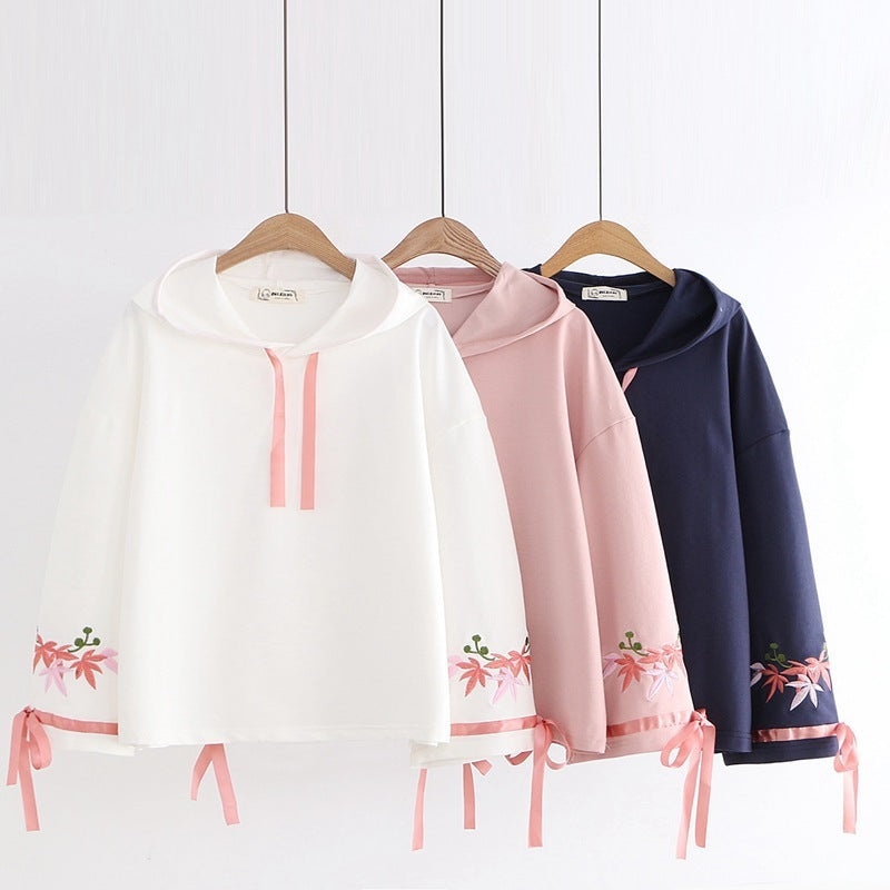 Merry Pretty Women's Floral Embroidery Hooded Tracksuits Winter Flare Sleeve Lace Up Hoodies Sweatshirts Casual Pullovers