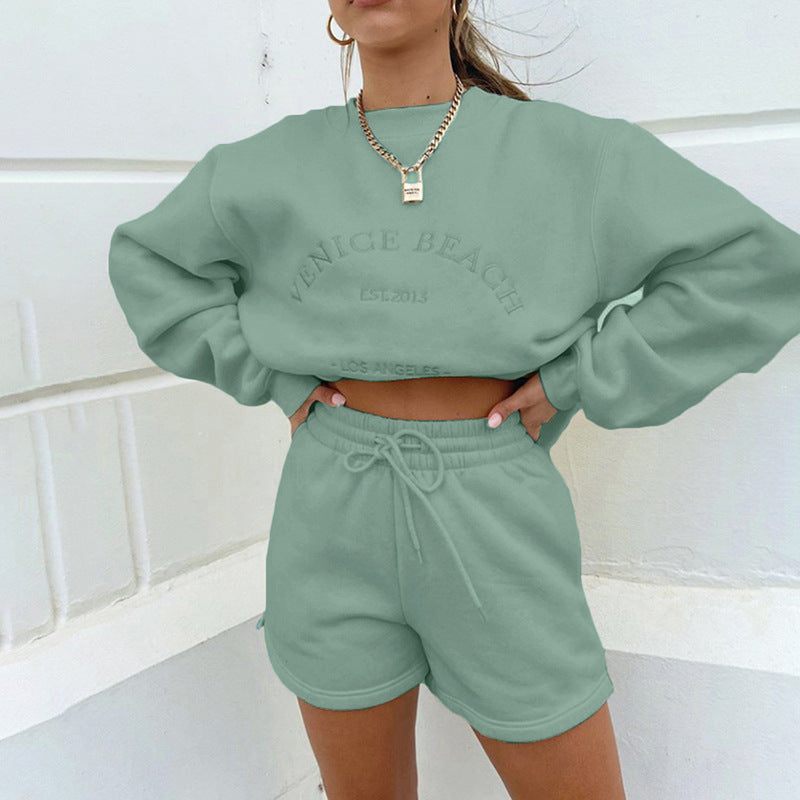 Letter Embroidery Women Loose Casual Sweatshirt Fleece Pullovers And Drawstring Shorts Two Pieces Set Thick Tracksuit