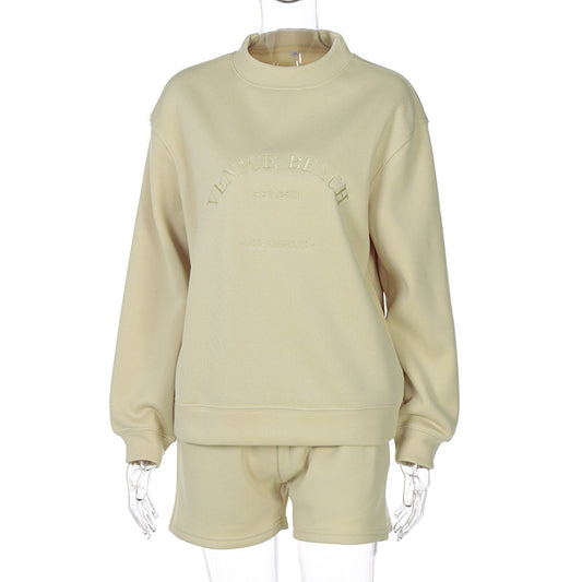 Letter Embroidery Women Loose Casual Sweatshirt Fleece Pullovers And Drawstring Shorts Two Pieces Set Thick Tracksuit