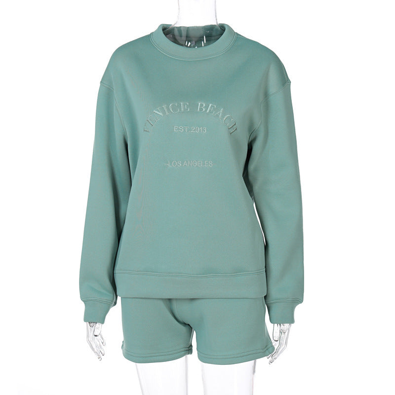 Letter Embroidery Women Loose Casual Sweatshirt Fleece Pullovers And Drawstring Shorts Two Pieces Set Thick Tracksuit