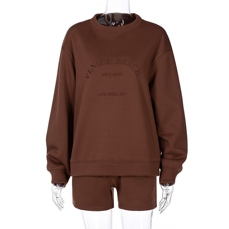 Letter Embroidery Women Loose Casual Sweatshirt Fleece Pullovers And Drawstring Shorts Two Pieces Set Thick Tracksuit