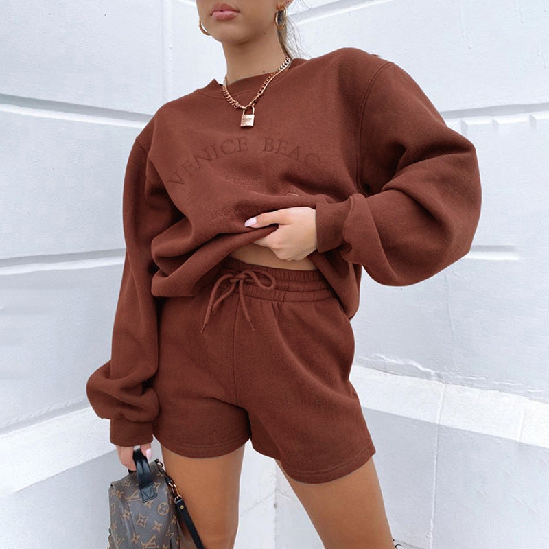 Letter Embroidery Women Loose Casual Sweatshirt Fleece Pullovers And Drawstring Shorts Two Pieces Set Thick Tracksuit